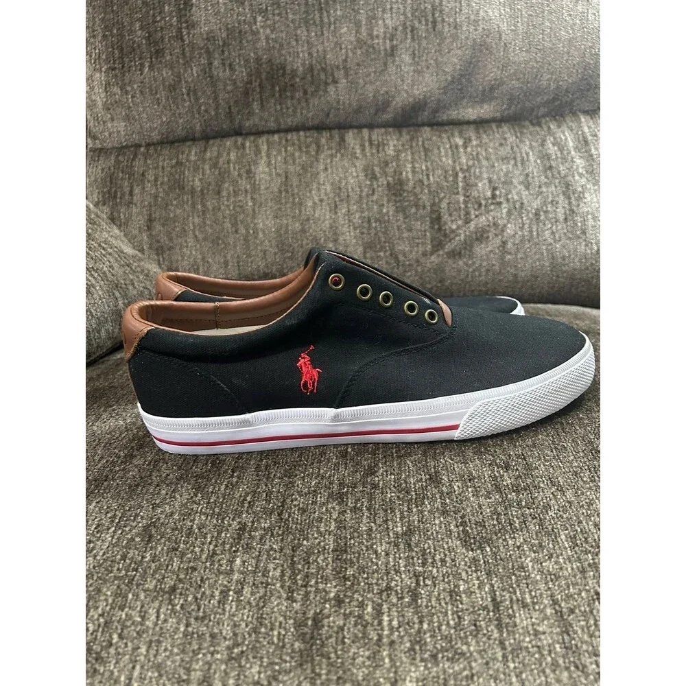Polo Ralph Lauren Men's Vito Black Canvas Red Logo Casual Laceless Sneaker 11